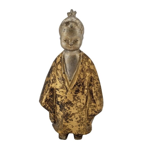 Okimono Gilt Iron Selflessness Child In Kimono Marked On Back Vintage Sculpture